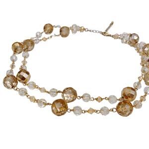 Vintage Faceted Glass Bead Necklace Double Strand Gold Tone Chain, 17”-20”